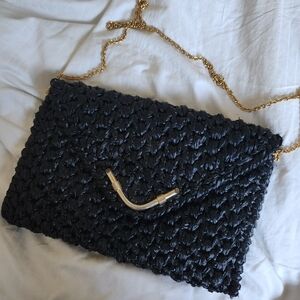 Vintage RODO Italy BLACK Wicker CHAIN Strap shoulder/Clutch Purse 1970’s NICE!